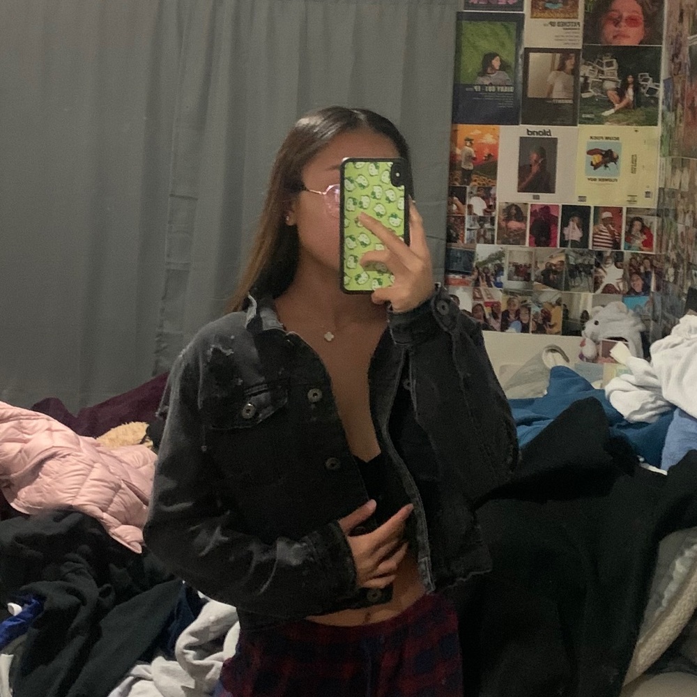 Black distressed denim jacket